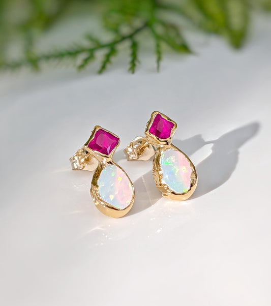 Ruby And Opal Earrings - 14k Gold Birthstone Studs