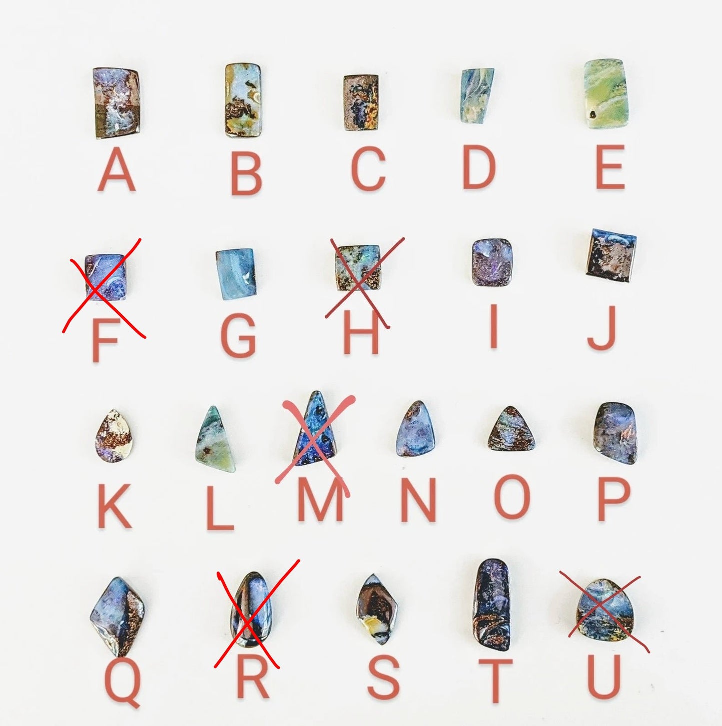 A grid of various Australian opal stones labeled A to U, with some marked out, showing artistic options for jewelry.