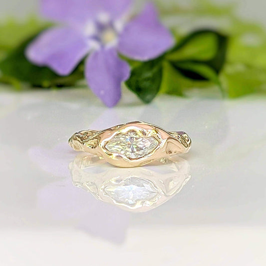 Moissanite Engagement Ring - Solid 14k Gold Textured Band