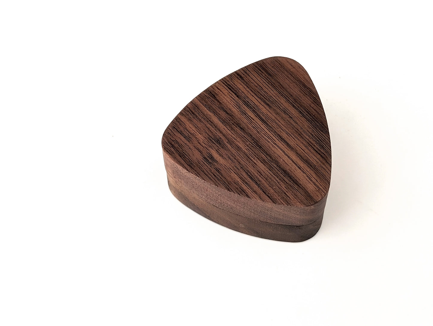 Triangular wooden ring gift box, perfect for engagement rings, made from walnut, measuring 2" x 2" x 1-1/4".
