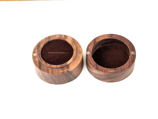 Wooden ring gift box set featuring a lovely walnut round cylindrical design, ideal for presenting an engagement ring.