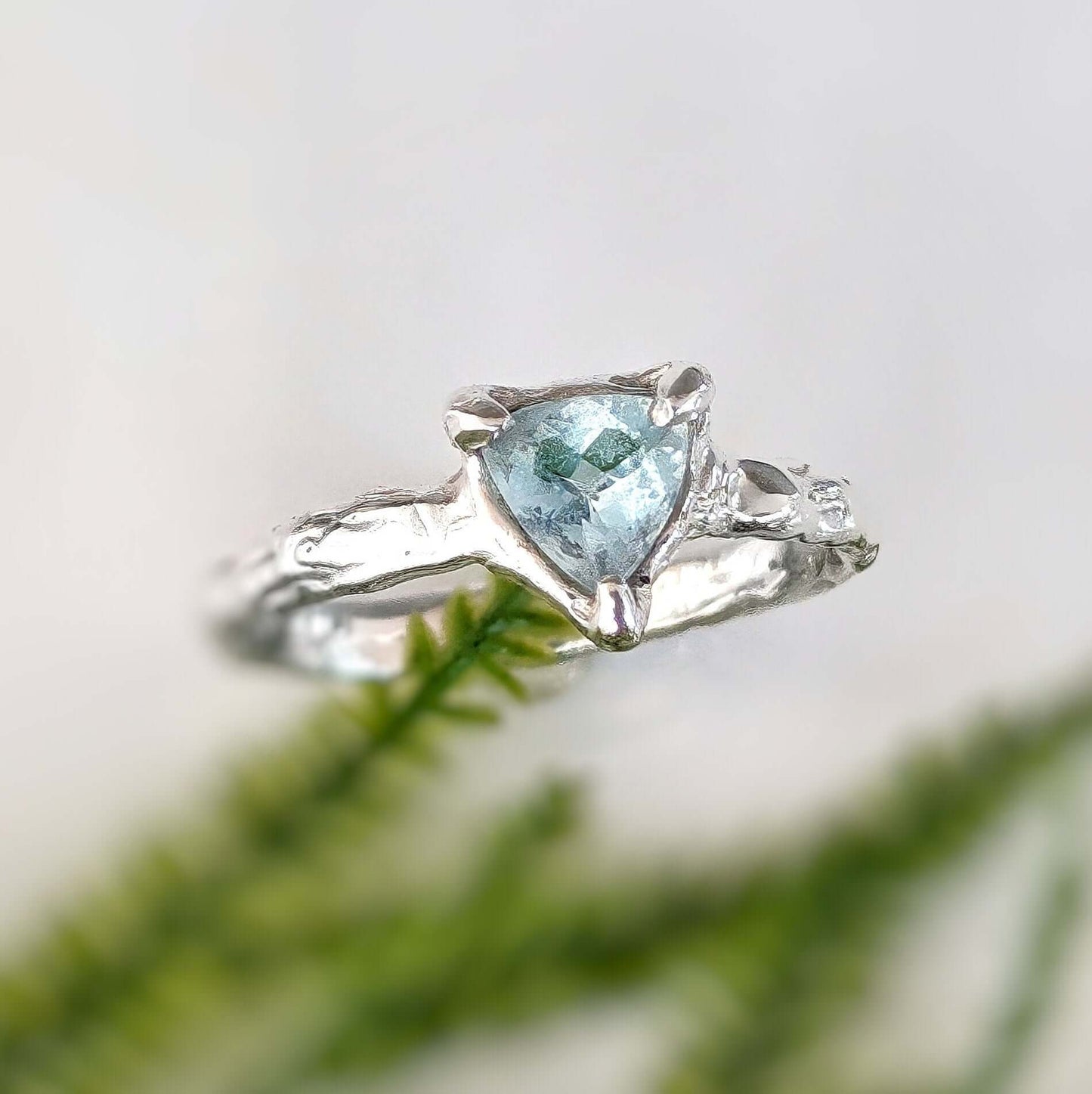 Handcrafted Sterling Silver Aquamarine ring with organic textured band, March's birthstone and unique engagement ring.