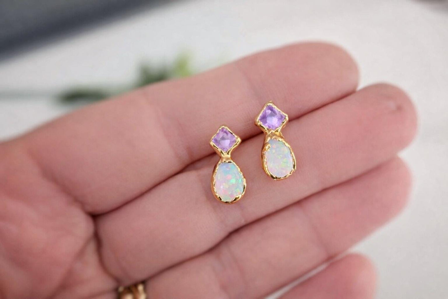 Rose de France Amethyst and Opal stud earrings