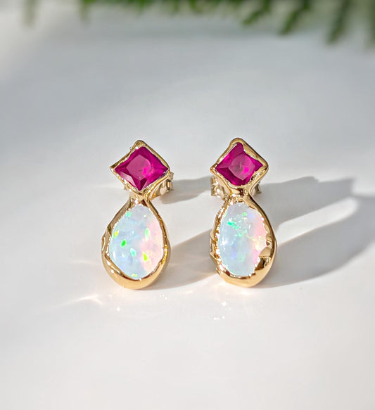 Ruby And Opal Earrings - 14k Gold Birthstone Studs