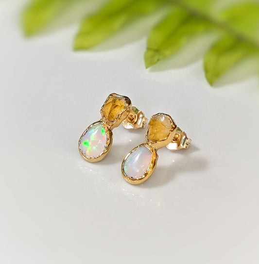 Dainty raw citrine and opal stud earrings in gold, perfect for bridal or everyday wear, showcasing unique handcrafted beauty.