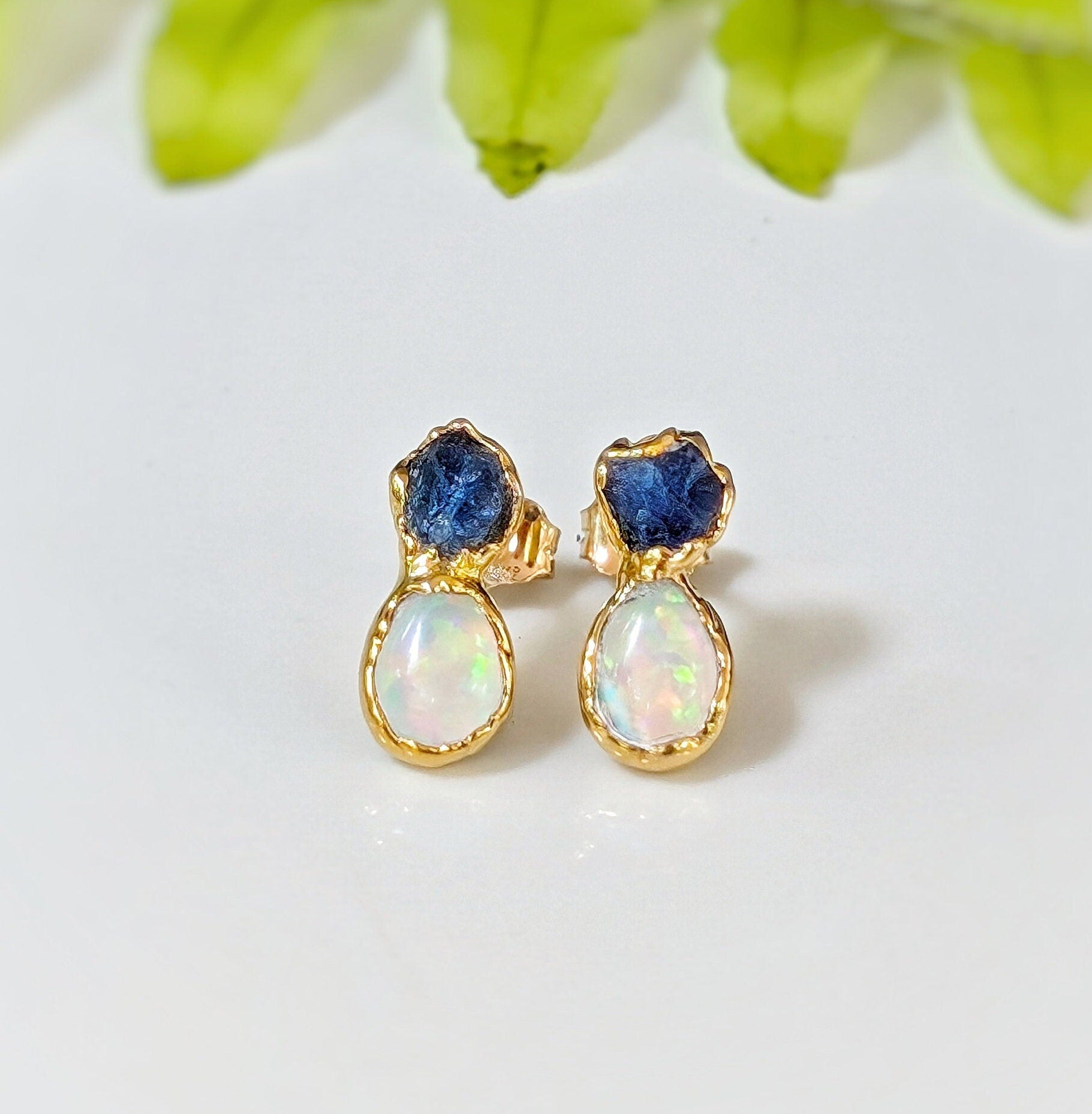 Raw Sapphire and Opal Stud Earrings