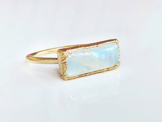 Natural Rainbow Moonstone Bar ring in unique 18k Gold setting