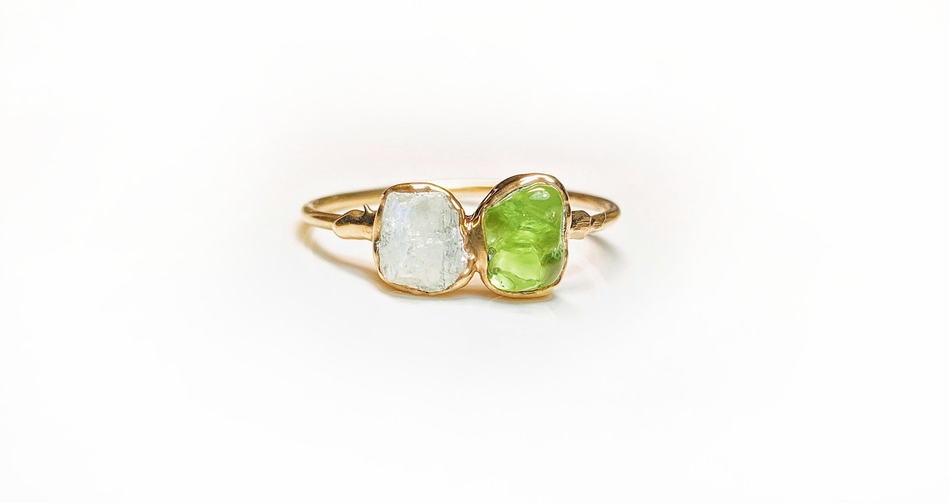 Raw 2-stone Mother's ring ~ Family Birthstone ring in unique 18k Gold setting