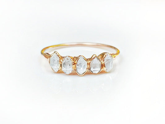 Herkimer diamond Eternity ring featuring five raw diamonds set in 18k gold, a perfect symbol of everlasting love.