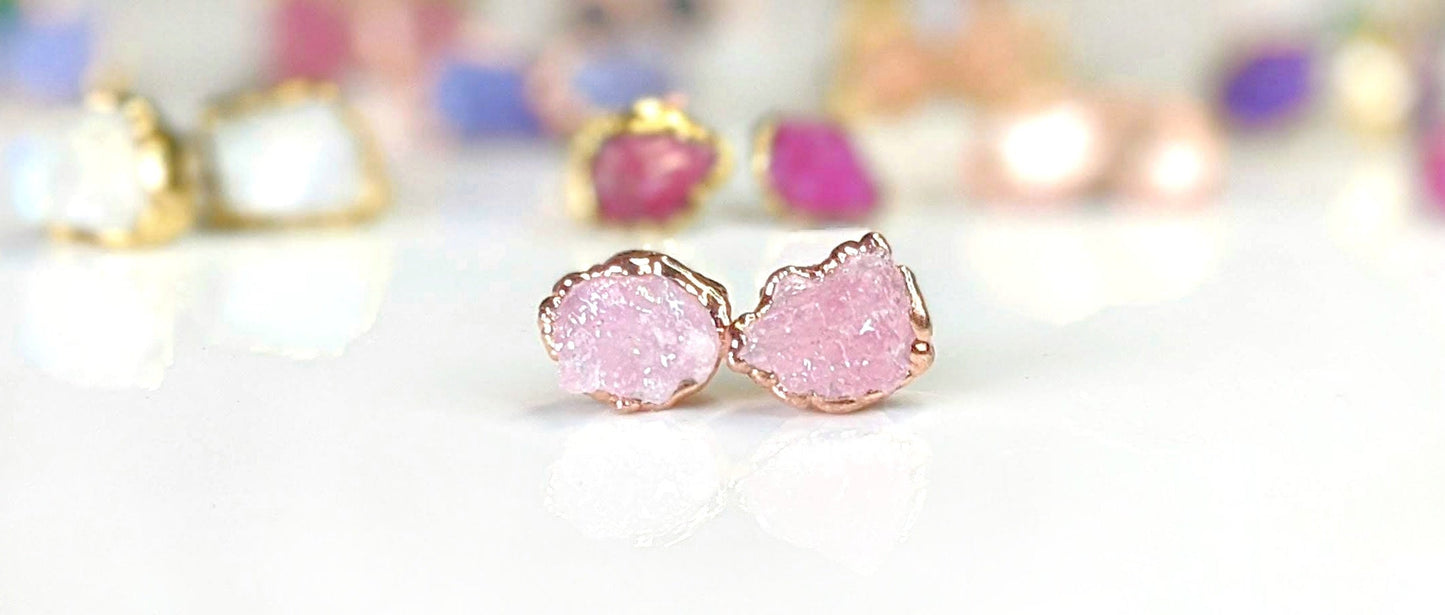 Raw Rose Quartz stud earrings in unique 18k Gold setting