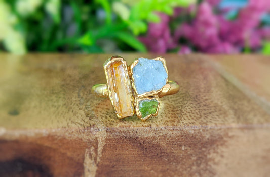 Raw Topaz, Aquamarine and Peridot Cluster ring in unique 18k Gold setting