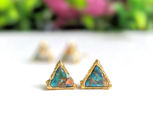 Spiny oyster copper turquoise triangular stud earrings on gold filled posts, featuring unique stone patterns.