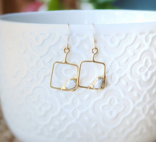 Freshwater Pearl dangle earrings in unique square 18k Gold setting
