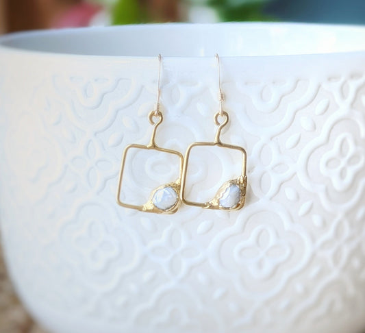 Classic Keshi pearl square dangle earrings in gold-filled settings, perfect for elegant style.