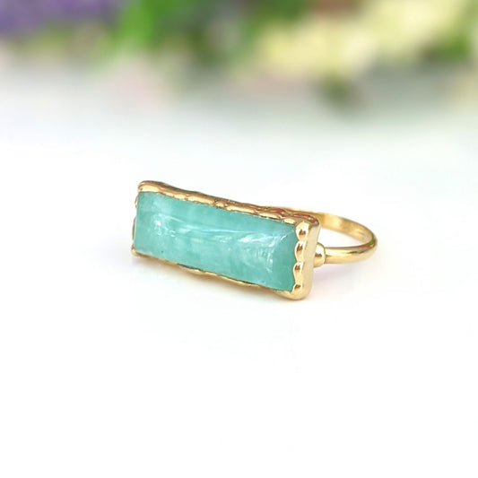 Amazonite gold bar ring featuring a natural stone set on a 14k gold filled band, ideal for self-love and sincerity.