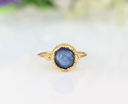 Natural blue Kyanite ring in 14k Gold filled band, handmade and unique, showcasing an 8mm round gemstone.