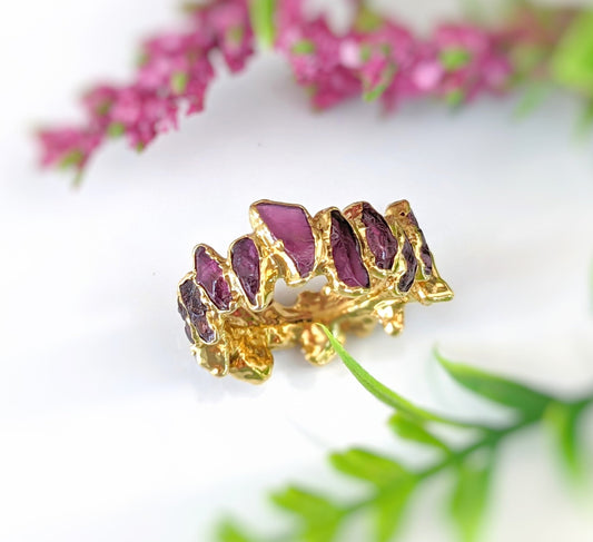 Raw Rhodolite Garnet eternity ring with gold filled 14k band and unique gemstone design.