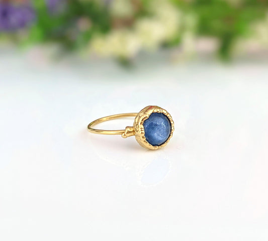 Natural blue Kyanite ring with 14k gold filled band and 18k gold plating, handcrafted design.