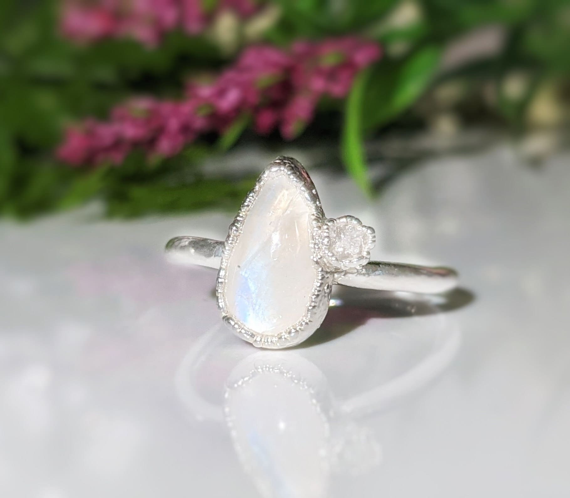 Rainbow Moonstone Raw Diamond Ring in Sterling Silver