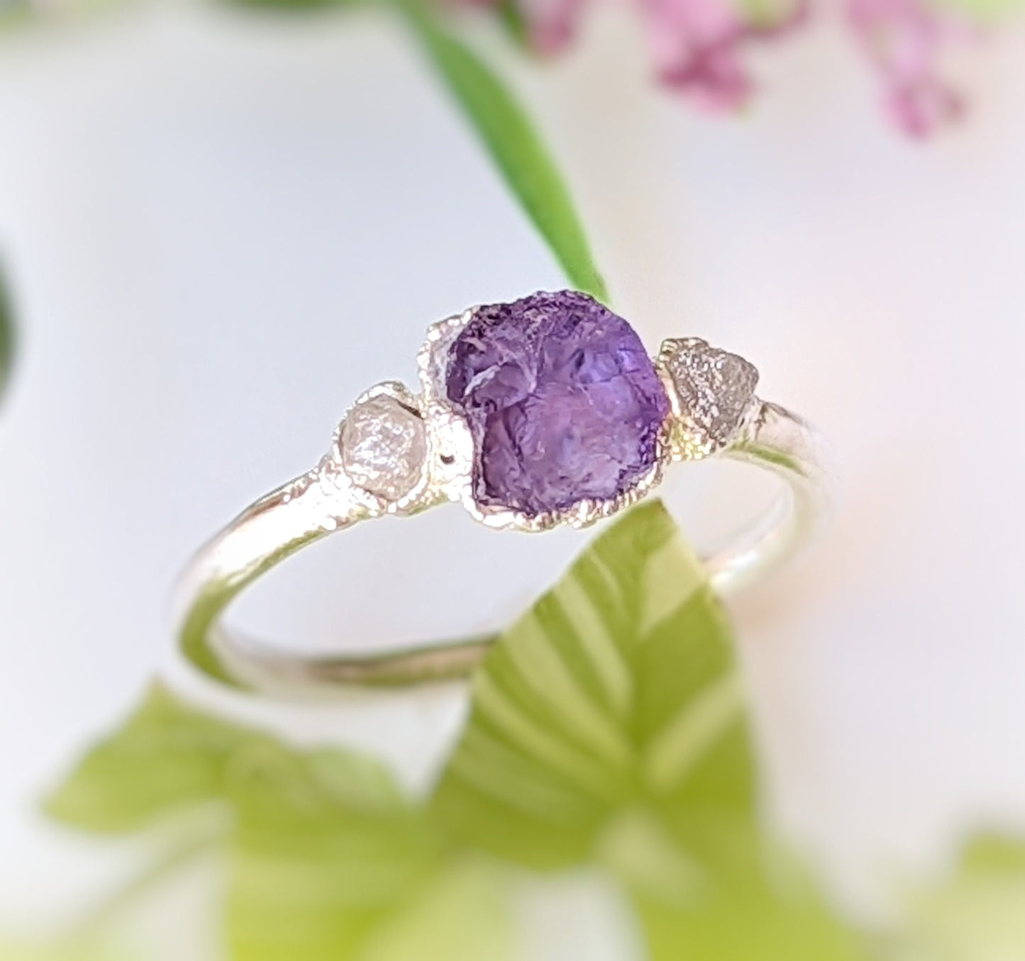 Raw Amethyst and rough diamond ring on a Sterling Silver band, perfect for engagement or promise rings.