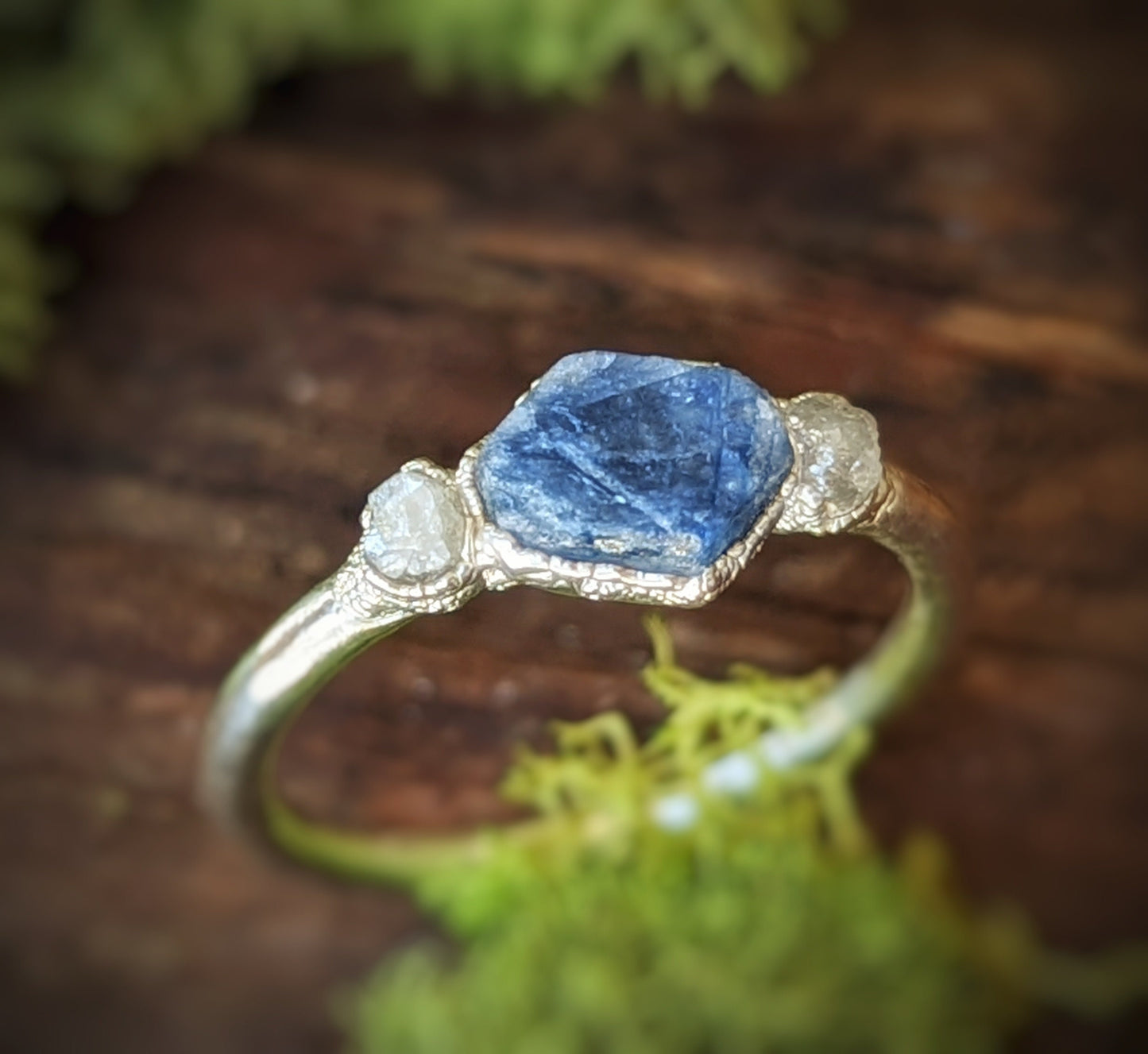 Raw Sapphire and rough diamond Engagement Ring in Fine 99.9 Silver