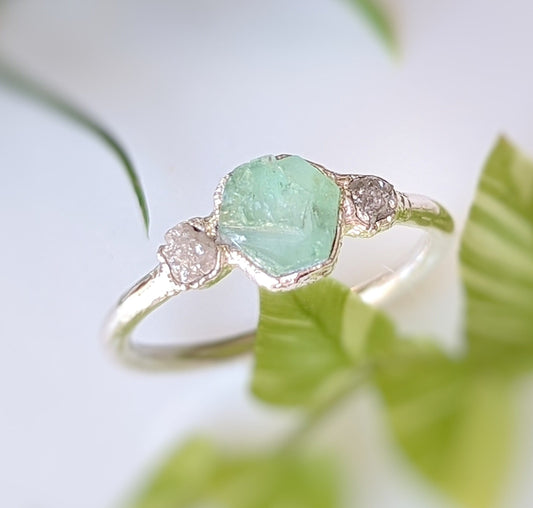 Handcrafted raw emerald and rough diamond ring, showcasing rustic elegance, ideal for engagement or special occasions.