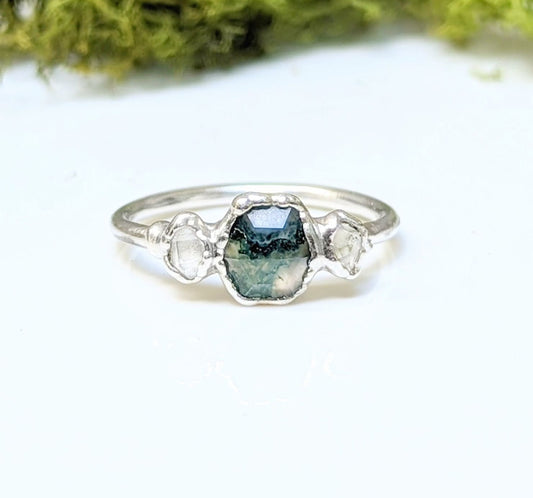 Moss Agate and Herkimer diamond engagement ring in silver, showcasing hexagon-shaped stone and raw crystal accents.