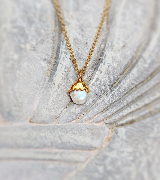 Elegant Freshwater Pearl necklace with 18k Gold electroformed pendant on a 14k gold filled chain, perfect for gifts.