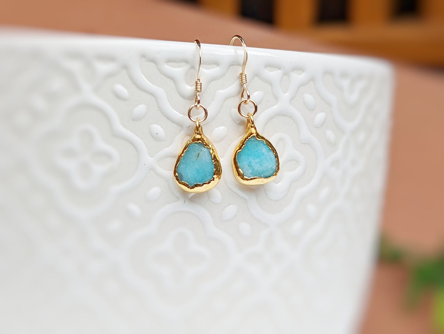 Aqua blue Amazonite dangle earrings with gold accents, perfect for weddings or special gifts.