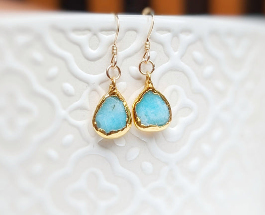 Aqua blue Amazonite dangle earrings with teardrop stones on gold-filled hooks, perfect for gifts and special occasions.
