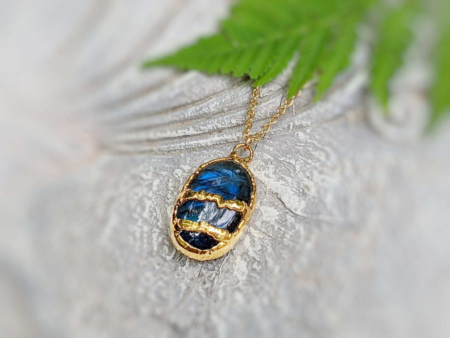 Handcrafted blue Labradorite Kintsugi necklace, electroformed with 18k Gold on a 21" gold filled chain.