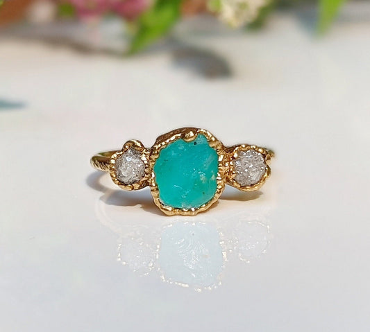 Raw Peruvian Opal and diamond ring in solid 14k gold, handcrafted engagement ring featuring a unique design.