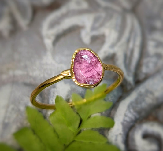Handcrafted 14k Gold filled Pink Tourmaline ring on a delicate band, ideal October birthstone gift for special occasions.