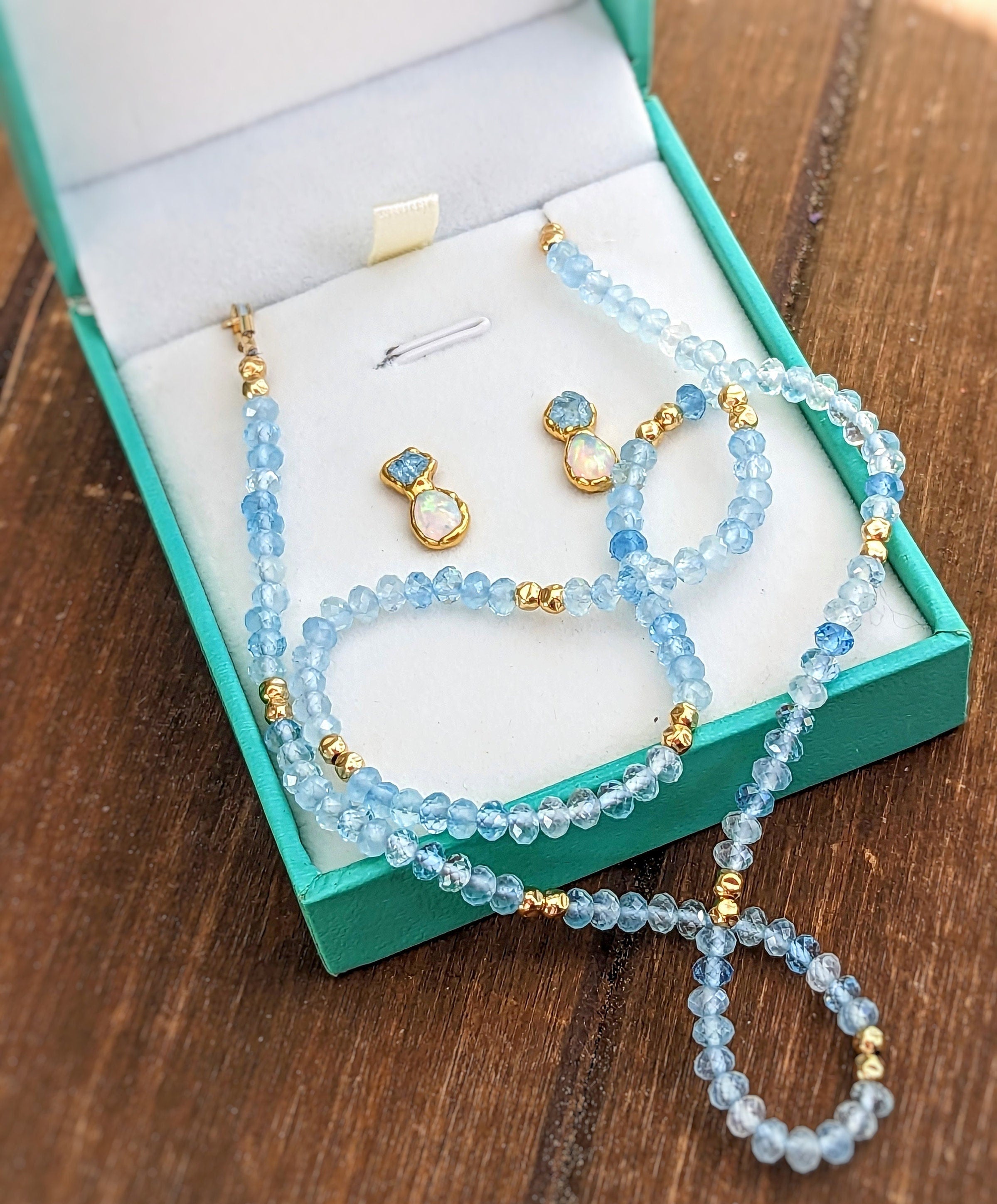 Dainty Aquamarine Jewelry Set for women, Red Gold Beaded Necklace Earrings Bracelet gift for deals her