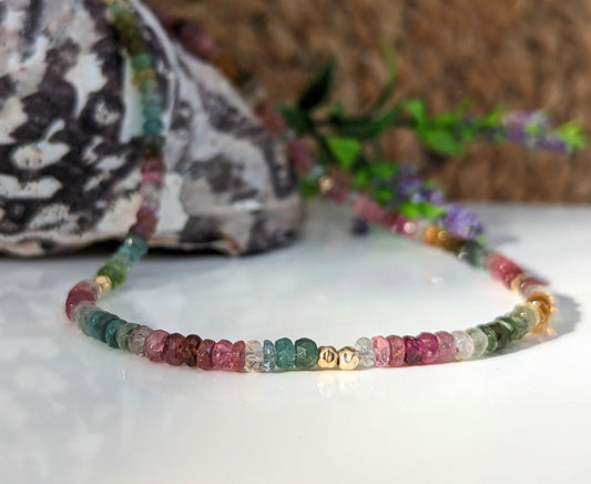 Handcrafted Multi Tourmaline bead necklace featuring colorful gemstones, perfect for Mother's Day or as a unique birthstone gift.