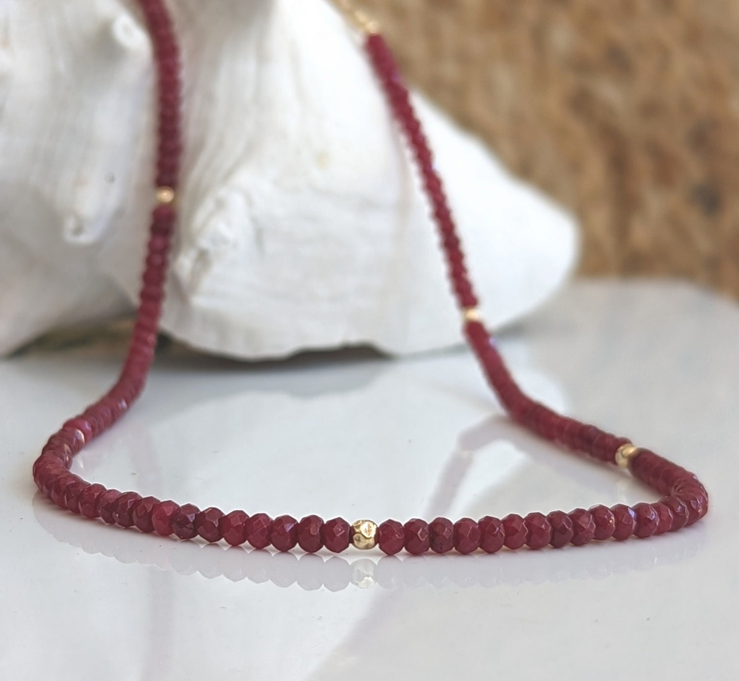 Handmade ruby beaded necklace featuring dark pink natural Ruby beads, perfect for gifts or bridal wear.
