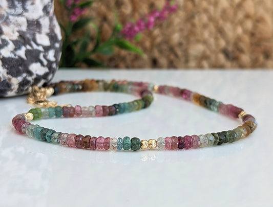 Handcrafted Multi Tourmaline bead necklace with vibrant hues, perfect for Mother's Day or as a unique birthstone gift.