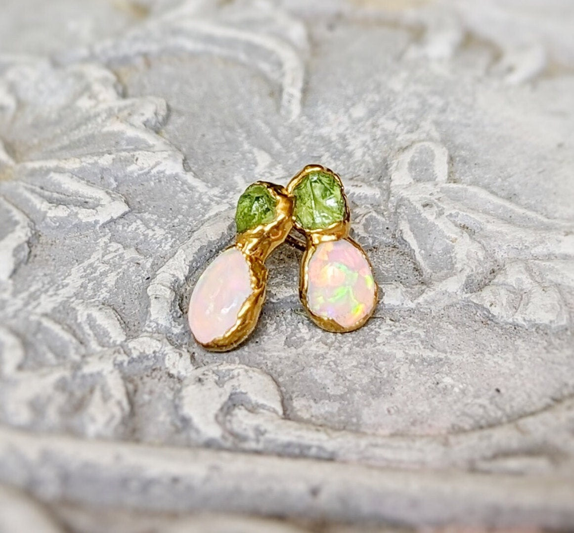 Raw Peridot and Opal stud earrings, handcrafted, unique design, dainty and elegant for bridal or everyday wear.