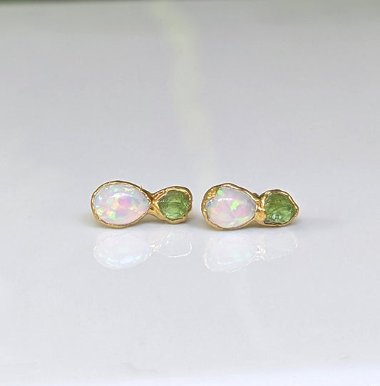 Dainty raw Peridot and Opal stud earrings handcrafted with an elegant rustic design, perfect for everyday wear or special occasions.