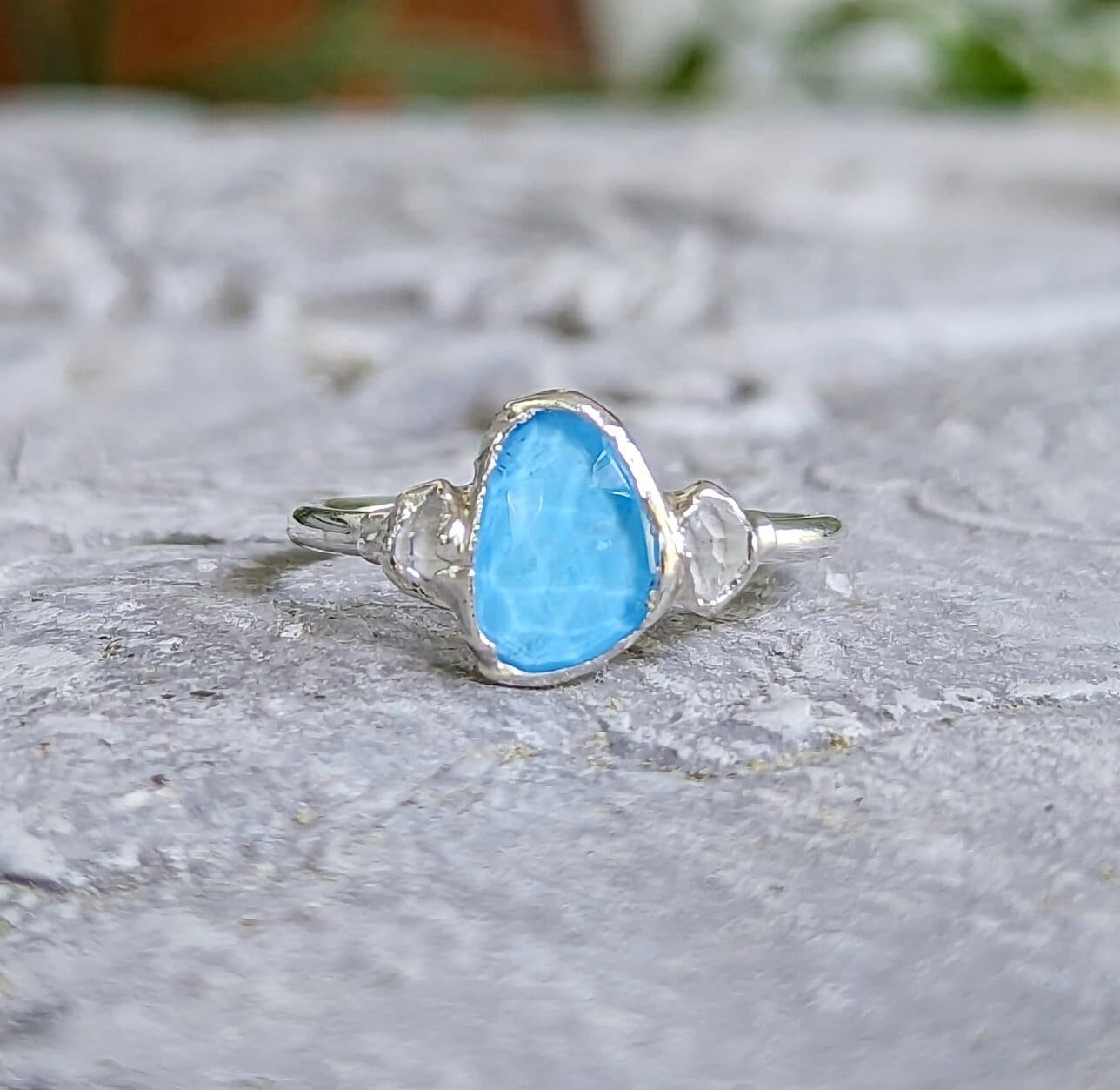 Blue Topaz and Herkimer diamond engagement ring in Sterling Silver