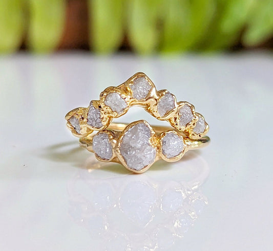 Raw diamond wedding ring set in solid 18k gold, featuring unique and eye-catching design for engagement and wedding.