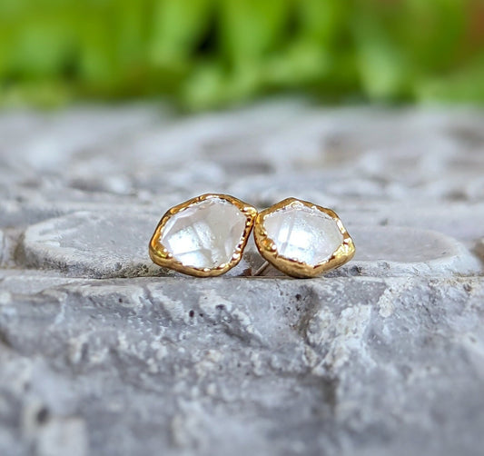 Herkimer diamond stud earrings with unique gold setting, perfect for bridal or everyday elegance.