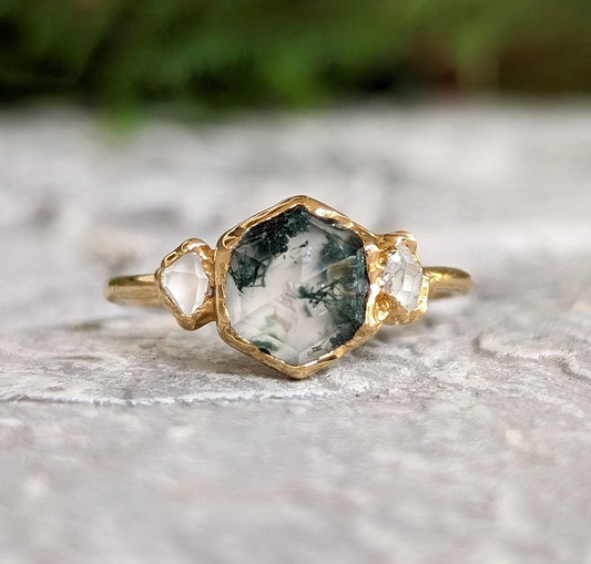 Moss Agate and Herkimer diamond hexagon engagement ring in 14k gold, showcasing organic beauty and unique design.