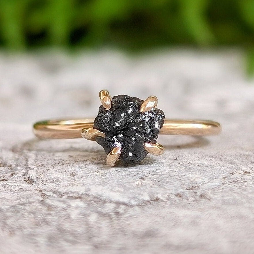 Raw black diamond engagement ring Solid 14k Gold rough uncut