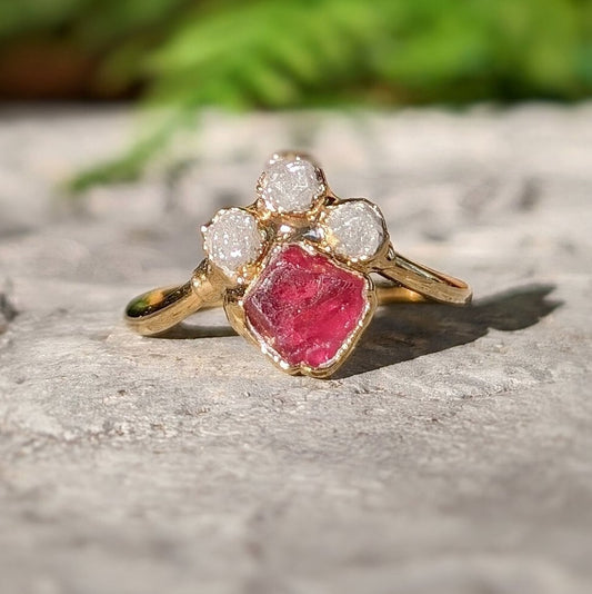 Raw Diamond and Pink Spinel Chevron Engagement Ring, handcrafted gold ring with unique gemstones, perfect for love.