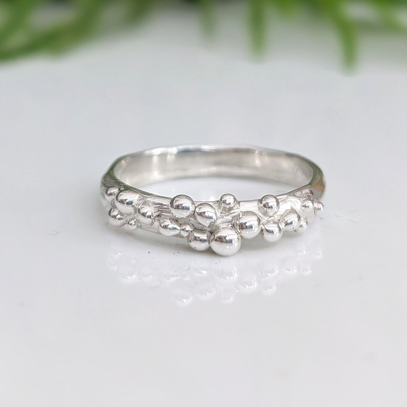 Solid gold beaded Molten ring with an organic abstract design, perfect for stacking or as a unique wedding band.