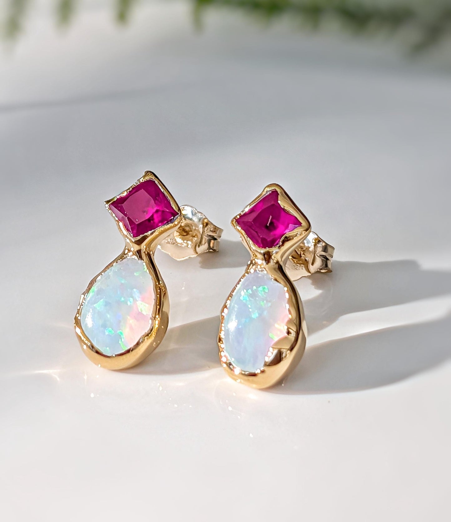 Ruby And Opal Earrings - 14k Gold Birthstone Studs