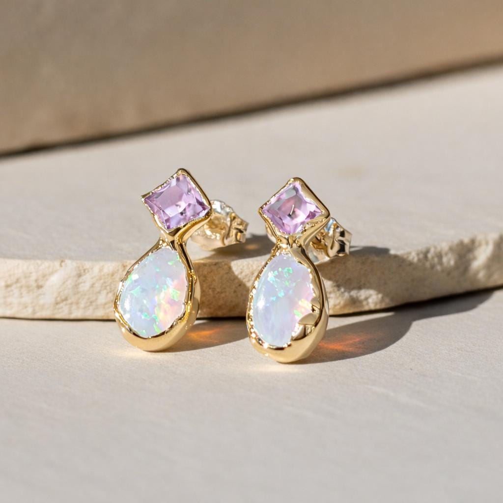 Rose de France Amethyst and Opal stud earrings