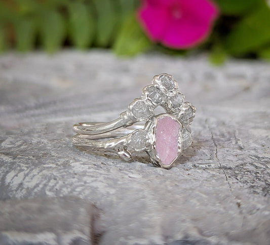 Raw Morganite Wedding Ring | Sterling Silver Twig Style Band With Chevron Diamond Band