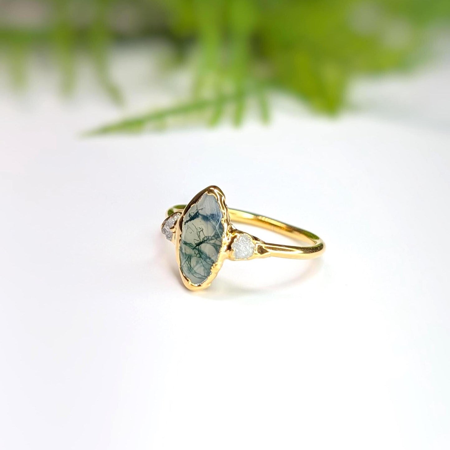 Moss Agate & diamond Engagement Ring